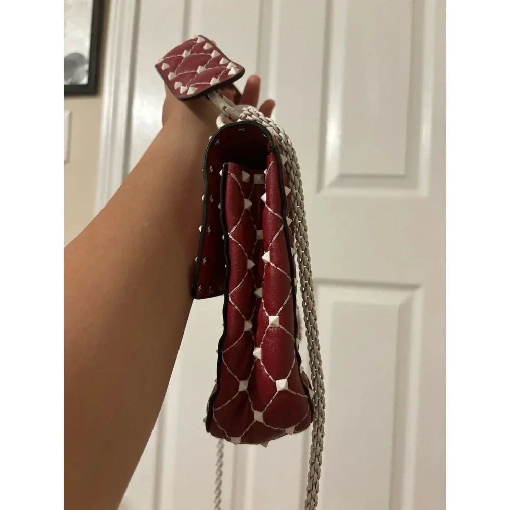 Valentino Rockstud Spike Red White Quilted Handle Shoulder chain Bag.